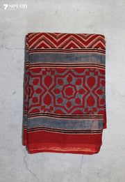 Padrini Kutch Red Pure Handmade Ajrakh 100% Cotton Saree - Seven Sarees - Saree - Seven Sarees
