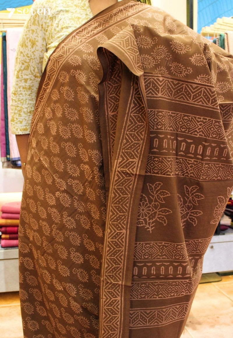 Pankhuri Jaipur Brown Hand Block Printed 100% Cotton Saree - Seven Sarees - Saree - Seven Sarees