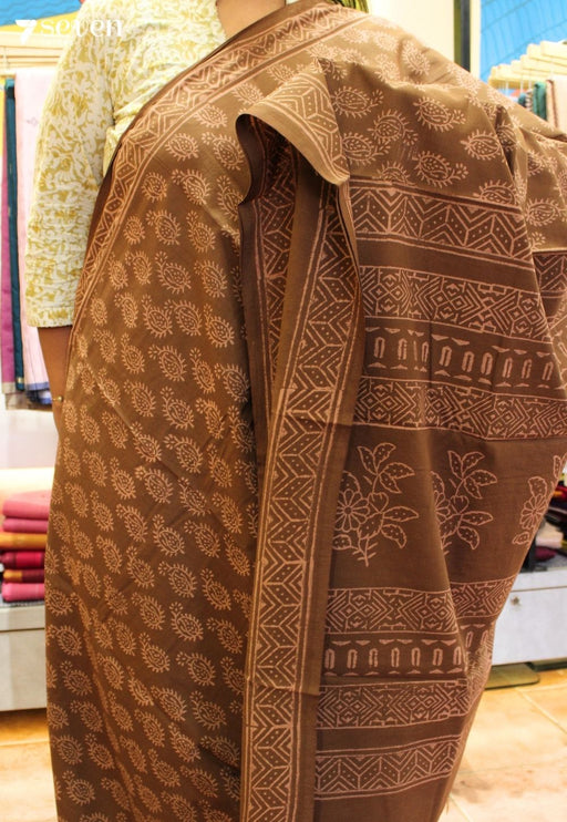 Pankhuri Jaipur Brown Hand Block Printed 100% Cotton Saree - Seven Sarees - Saree - Seven Sarees