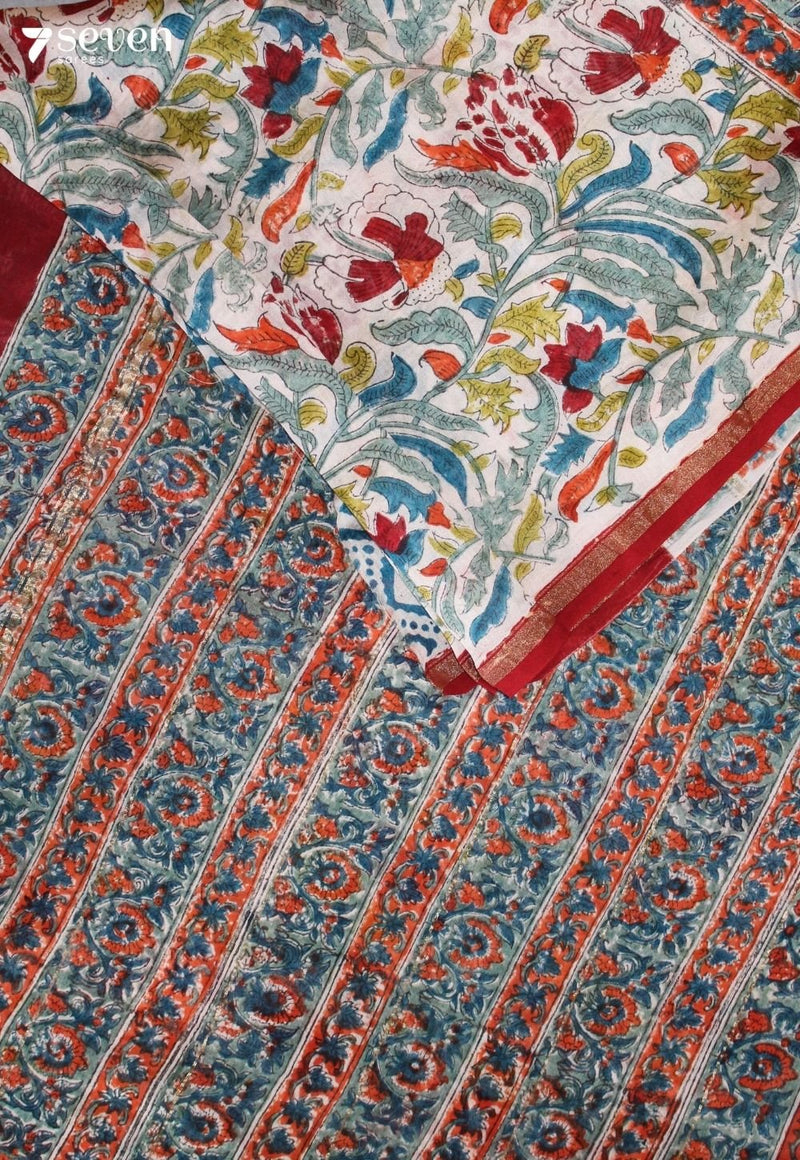 Parmika Jaipur White Hand Block Printed Silk Cotton Saree - Seven Sarees - Saree - Seven Sarees