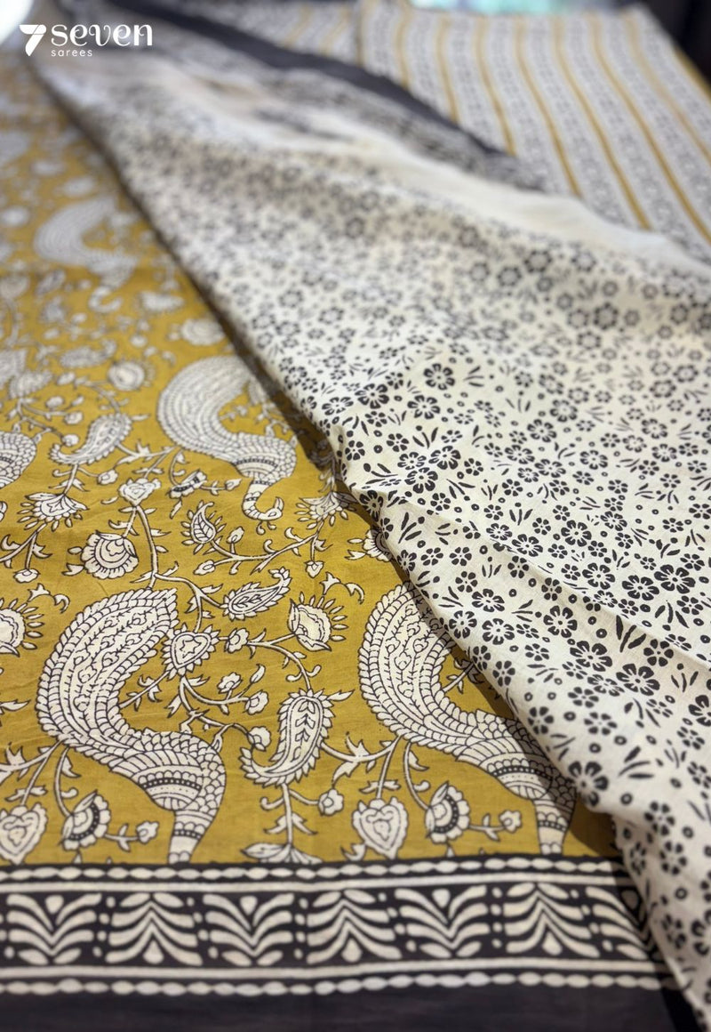Pasture Pages Jaipur Yellow Handblock 100% Cotton Saree - Seven Sarees - Saree - Seven Sarees