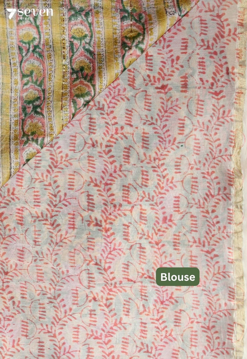 Payanvi Jaipur Yellow Hand Block Printed Silk Cotton Saree - Seven Sarees - Saree - Seven Sarees