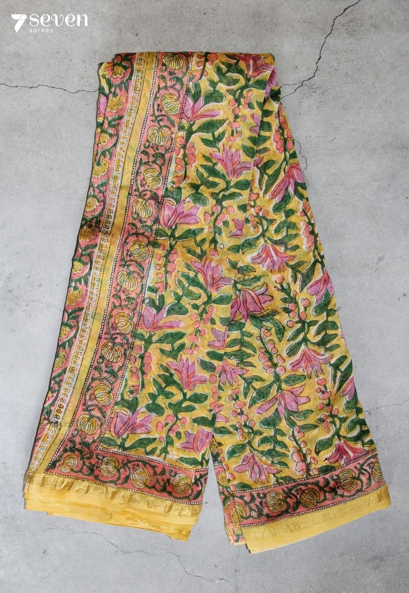Payanvi Jaipur Yellow Hand Block Printed Silk Cotton Saree - Seven Sarees - Saree - Seven Sarees