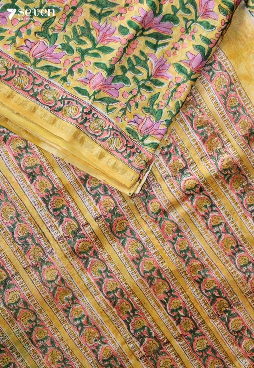 Payanvi Jaipur Yellow Hand Block Printed Silk Cotton Saree - Seven Sarees - Saree - Seven Sarees