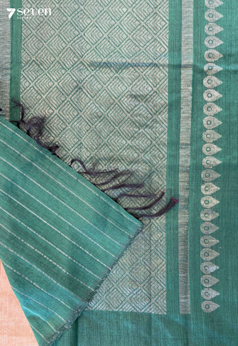 Peppermint Chattisgarh Green Pure Tussar Silk Saree | Silk Mark Certified - Seven Sarees - Saree - Seven Sarees