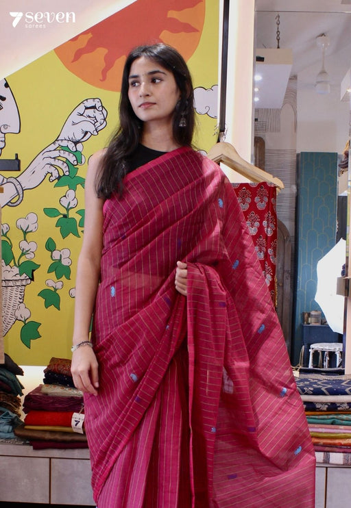 Petal sage Signature Seven Handloom Red Bangalore Pure Cotton Saree - Seven Sarees - Saree - Seven Sarees