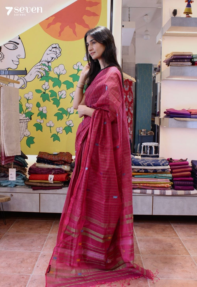 Petal sage Signature Seven Handloom Red Bangalore Pure Cotton Saree - Seven Sarees - Saree - Seven Sarees