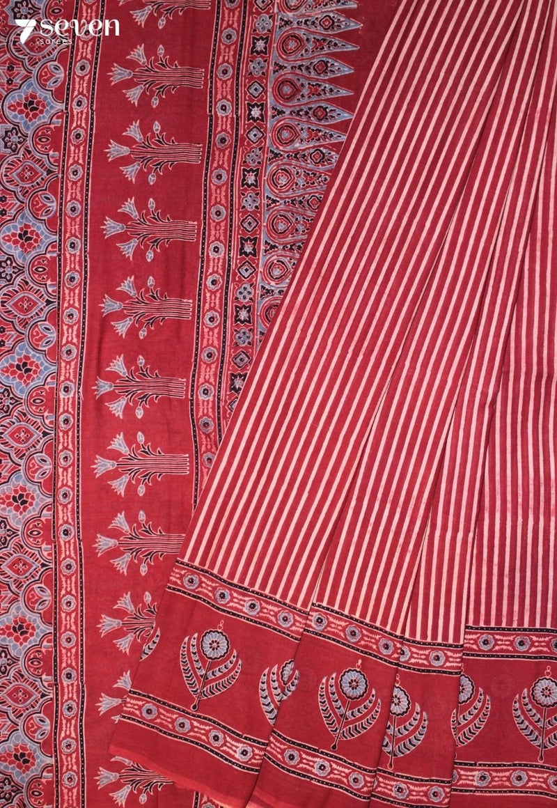 Peyali Kutch Red Pure Handmade Ajrakh 100% Cotton Saree - Seven Sarees - Saree - Seven Sarees