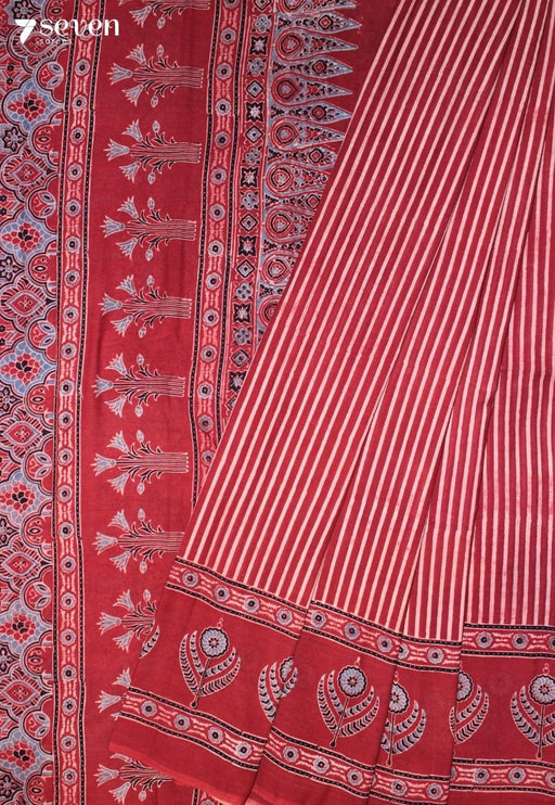 Peyali Kutch Red Pure Handmade Ajrakh 100% Cotton Saree - Seven Sarees - Saree - Seven Sarees
