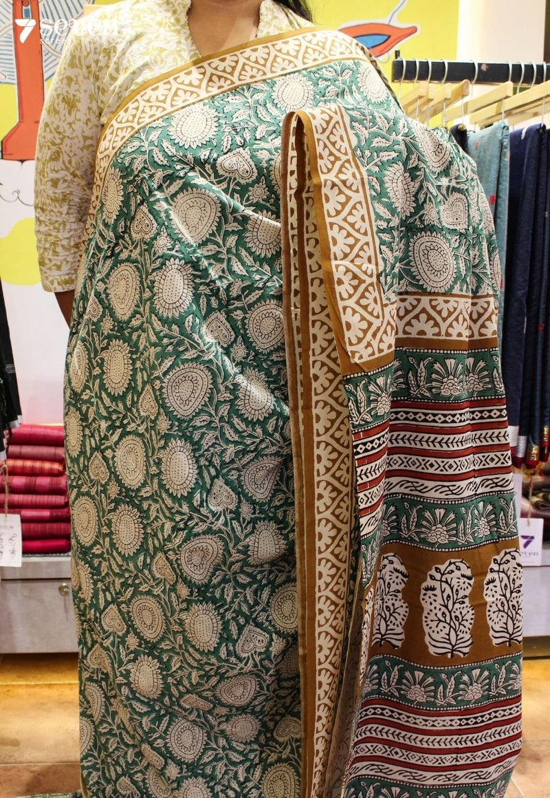 Phool Jaipur Green Hand Block Printed 100% Cotton Saree - Seven Sarees - Saree - Seven Sarees