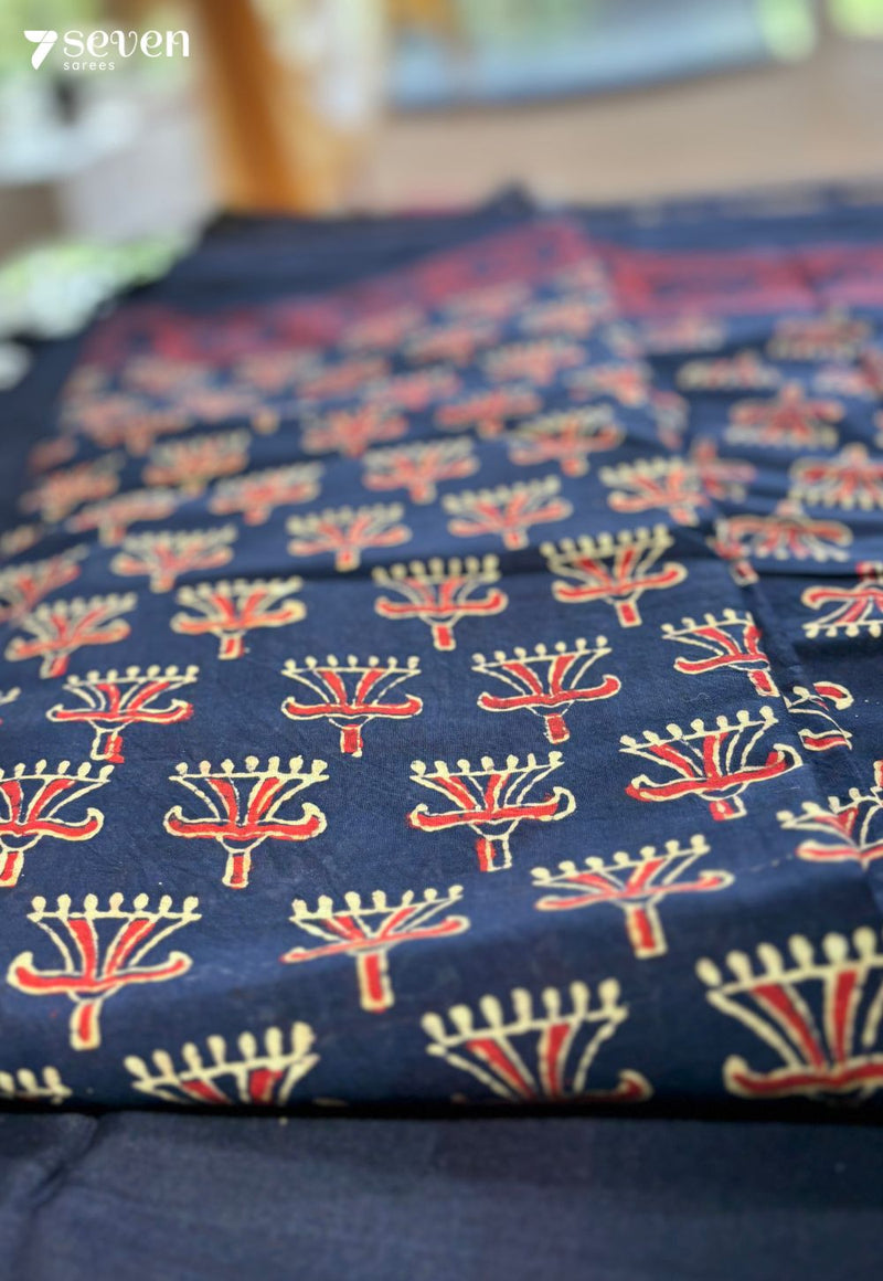 Pond Picnic Jaipur Blue Handblock 100% Cotton Saree - Seven Sarees - Saree - Seven Sarees