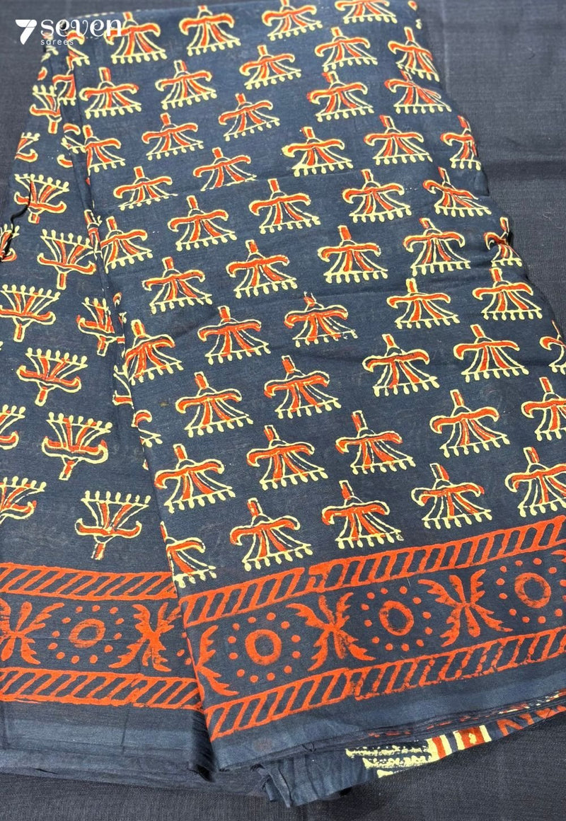 Pond Picnic Jaipur Blue Handblock 100% Cotton Saree - Seven Sarees - Saree - Seven Sarees