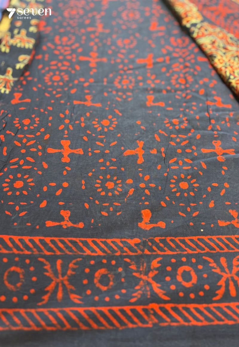 Pond Picnic Jaipur Blue Handblock 100% Cotton Saree - Seven Sarees - Saree - Seven Sarees