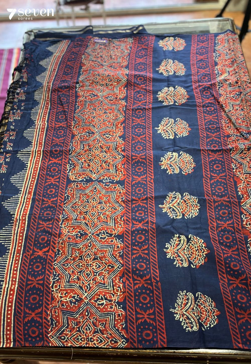 Pond Picnic Jaipur Blue Handblock 100% Cotton Saree - Seven Sarees - Saree - Seven Sarees