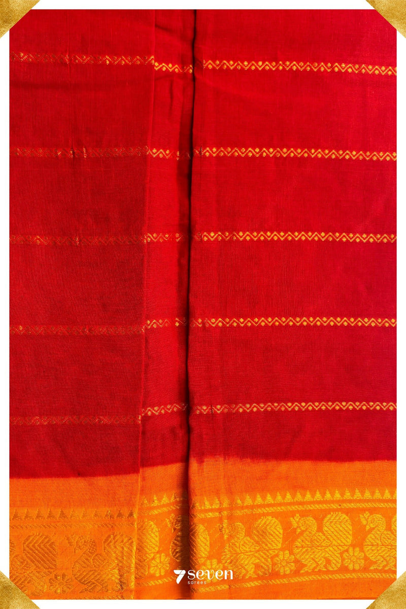 Poovaram Madurai Red Handmade Pure Cotton Sungudi Kolam Lines Saree - Seven Sarees - Saree - Seven Sarees