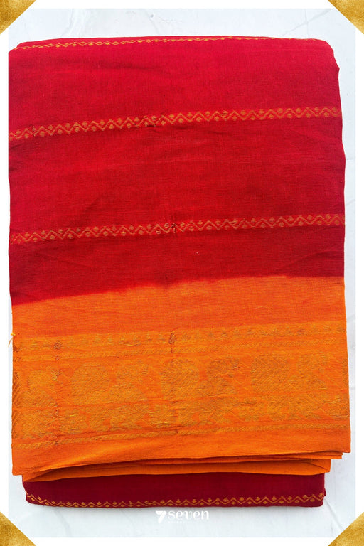 Poovaram Madurai Red Handmade Pure Cotton Sungudi Kolam Lines Saree - Seven Sarees - Saree - Seven Sarees