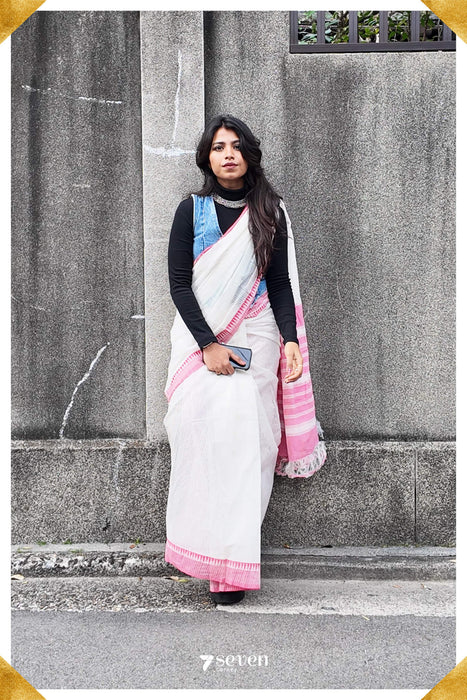 Preeti Mangalagiri Handloom White/Pink Pure Cotton Saree - Seven Sarees - Saree - Seven Sarees