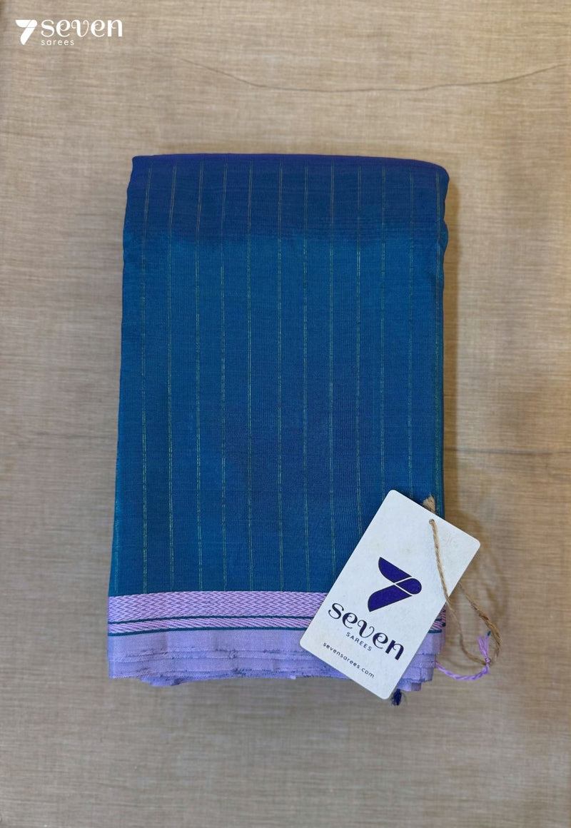 Raatrani Silk Signature Seven Handloom Peacock Blue Bangalore Vegan Silk Saree - Seven Sarees - Saree - Seven Sarees