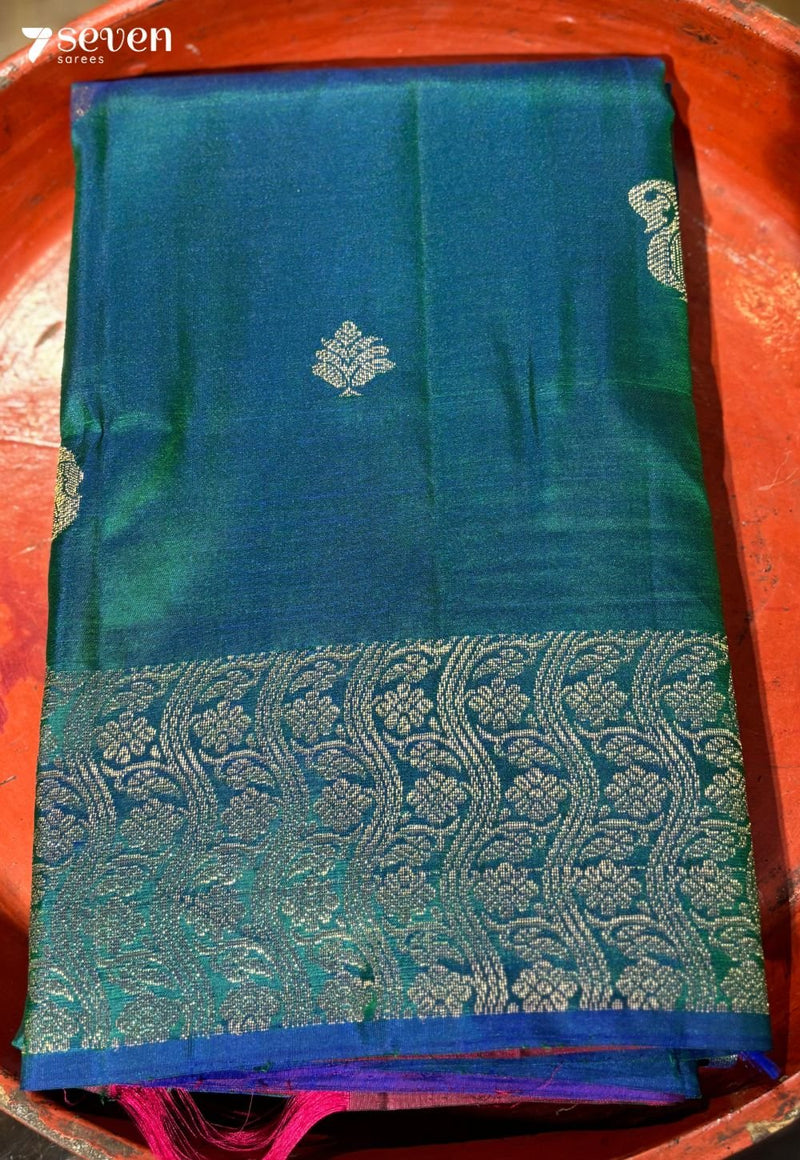 Raspberry Signature Seven Handloom Peacock blue/Pink Bangalore Pure Silk Saree|Silk Mark Certified - Seven Sarees - Saree - Seven Sarees