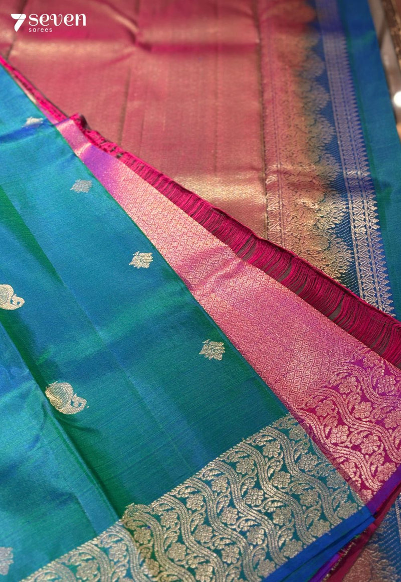 Raspberry Signature Seven Handloom Peacock blue/Pink Bangalore Pure Silk Saree|Silk Mark Certified - Seven Sarees - Saree - Seven Sarees