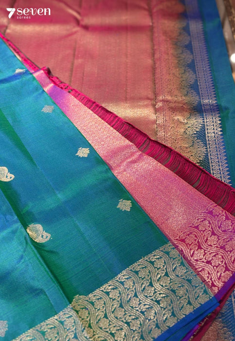 Raspberry Signature Seven Handloom Peacock blue/Pink Bangalore Pure Silk Saree|Silk Mark Certified - Seven Sarees - Saree - Seven Sarees