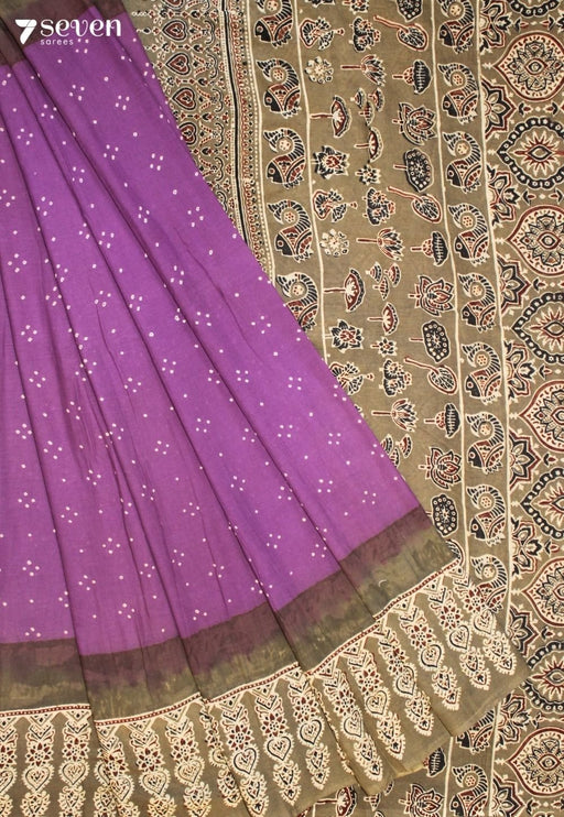 Rasvini Kutch Black Violet Handmade Ajrakh Bandhni 100% Cotton Saree - Seven Sarees - Saree - Seven Sarees