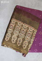Rasvini Kutch Black Violet Handmade Ajrakh Bandhni 100% Cotton Saree - Seven Sarees - Saree - Seven Sarees