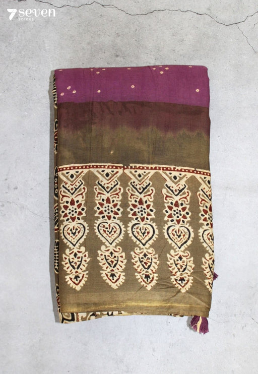 Rasvini Kutch Black Violet Handmade Ajrakh Bandhni 100% Cotton Saree - Seven Sarees - Saree - Seven Sarees