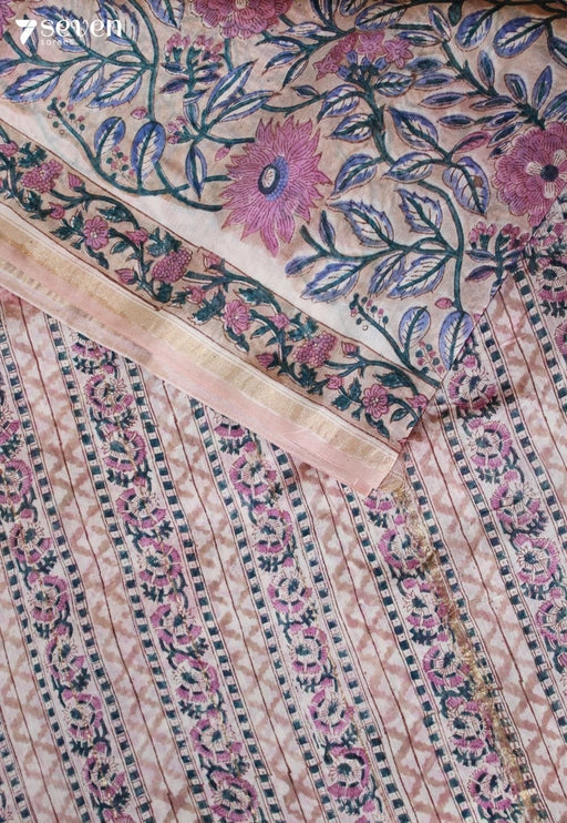 Ravanika Jaipur Off White Hand Block Printed Silk Cotton Saree - Seven Sarees - Saree - Seven Sarees