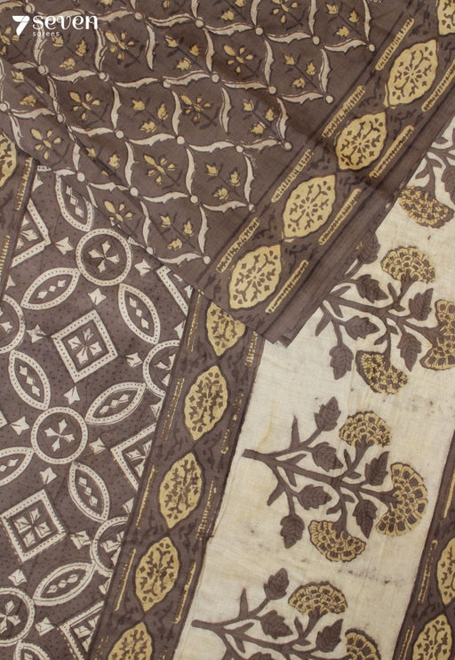 Raviniya Jaipur Brown Hand Block Printed Vegetable Dyed 100% Cotton Saree - Seven Sarees - Saree - Seven Sarees