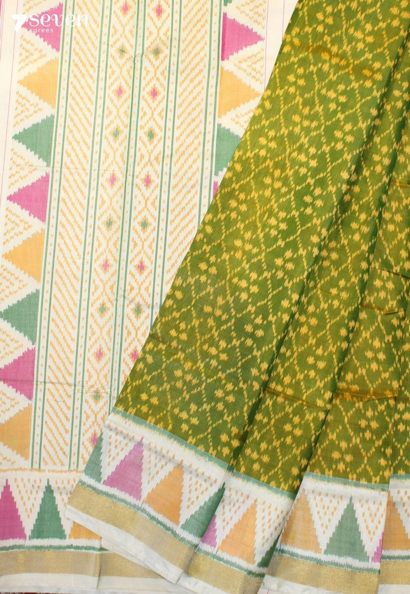 Retholi Patola Handloom Single Ikkat Green Pure Silk Saree|Silk Mark Certified - Seven Sarees - Saree - Seven Sarees
