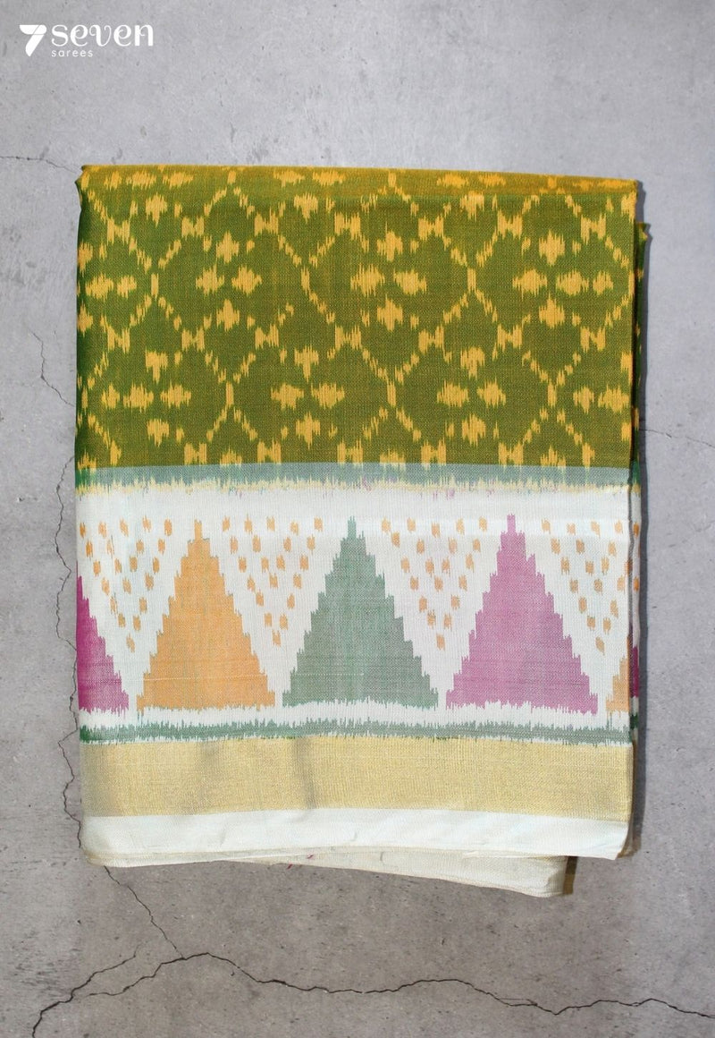 Retholi Patola Handloom Single Ikkat Green Pure Silk Saree|Silk Mark Certified - Seven Sarees - Saree - Seven Sarees