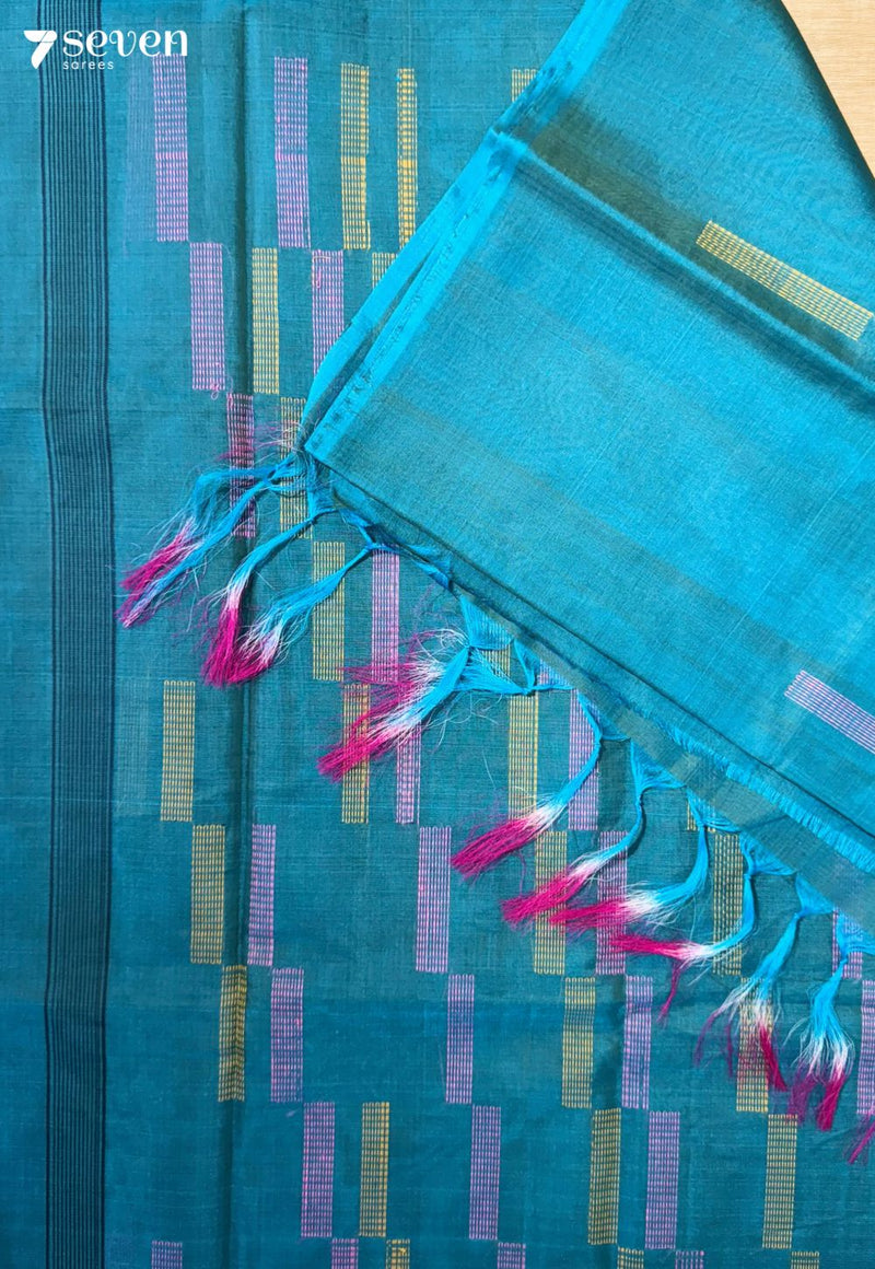 Rittika Signature Seven Handloom Bliue Bangalore Pure Silk Cotton Saree - Seven Sarees - Saree - Seven Sarees