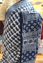 Roop Jaipur Blue Hand Block Printed 100% Cotton Saree - Seven Sarees - Saree - Seven Sarees