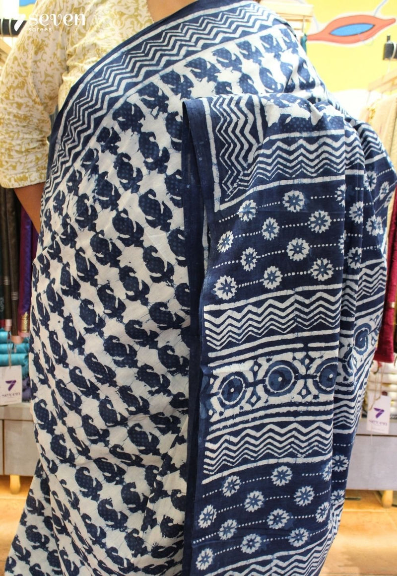 Roop Jaipur Blue Hand Block Printed 100% Cotton Saree - Seven Sarees - Saree - Seven Sarees