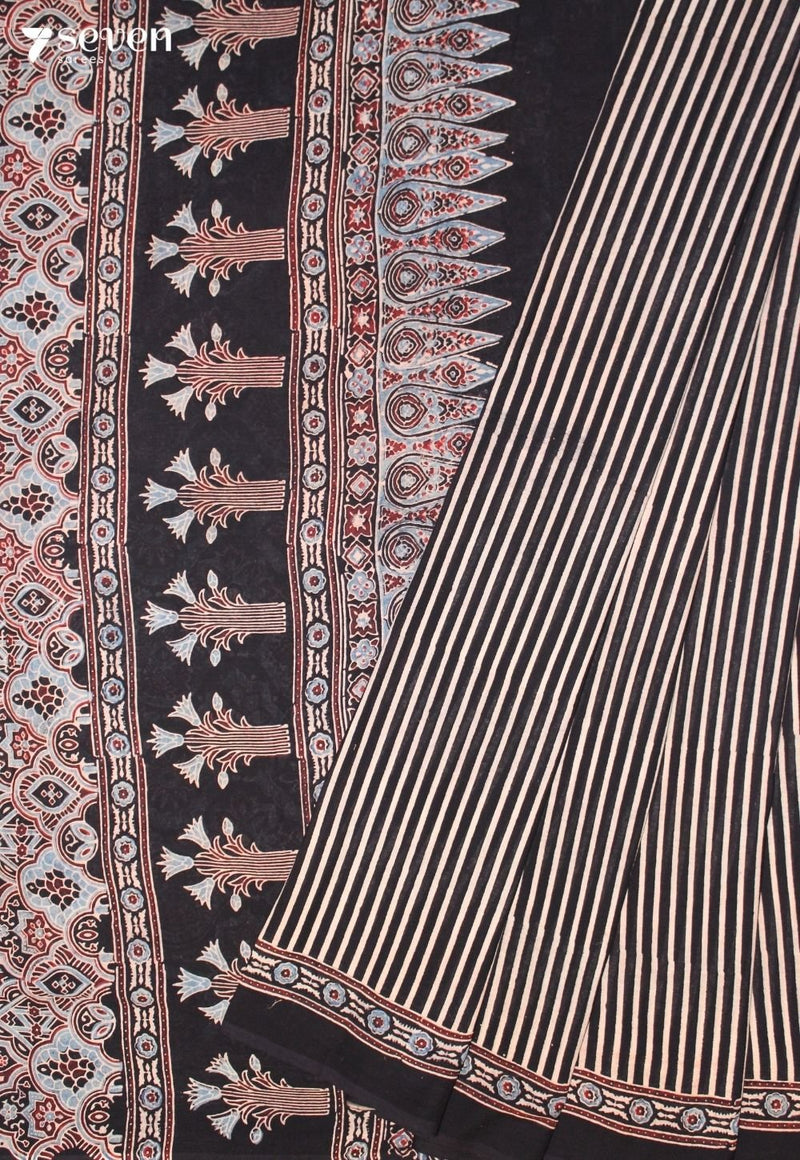 Roshil Kutch Black Pure Handmade Ajrakh 100% Cotton Saree - Seven Sarees - Saree - Seven Sarees