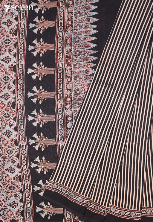 Roshil Kutch Black Pure Handmade Ajrakh 100% Cotton Saree - Seven Sarees - Saree - Seven Sarees