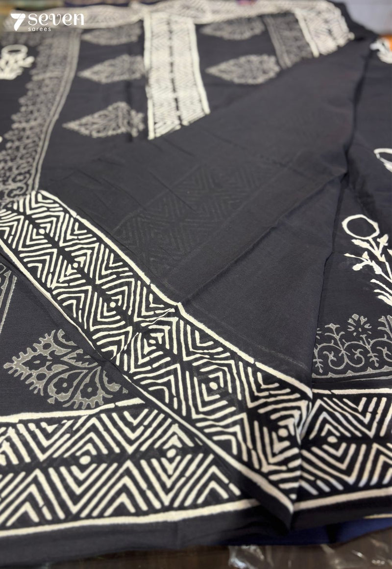 Rowboat & Bloom Jaipur Black Handblock 100% Cotton Saree - Seven Sarees - Saree - Seven Sarees