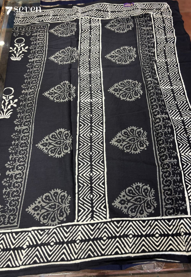 Rowboat & Bloom Jaipur Black Handblock 100% Cotton Saree - Seven Sarees - Saree - Seven Sarees
