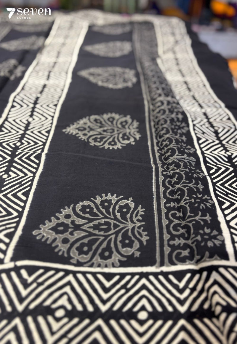 Rowboat & Bloom Jaipur Black Handblock 100% Cotton Saree - Seven Sarees - Saree - Seven Sarees