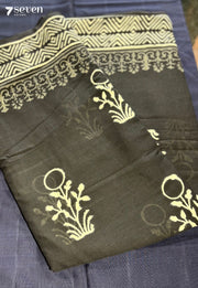 Rowboat & Bloom Jaipur Black Handblock 100% Cotton Saree - Seven Sarees - Saree - Seven Sarees