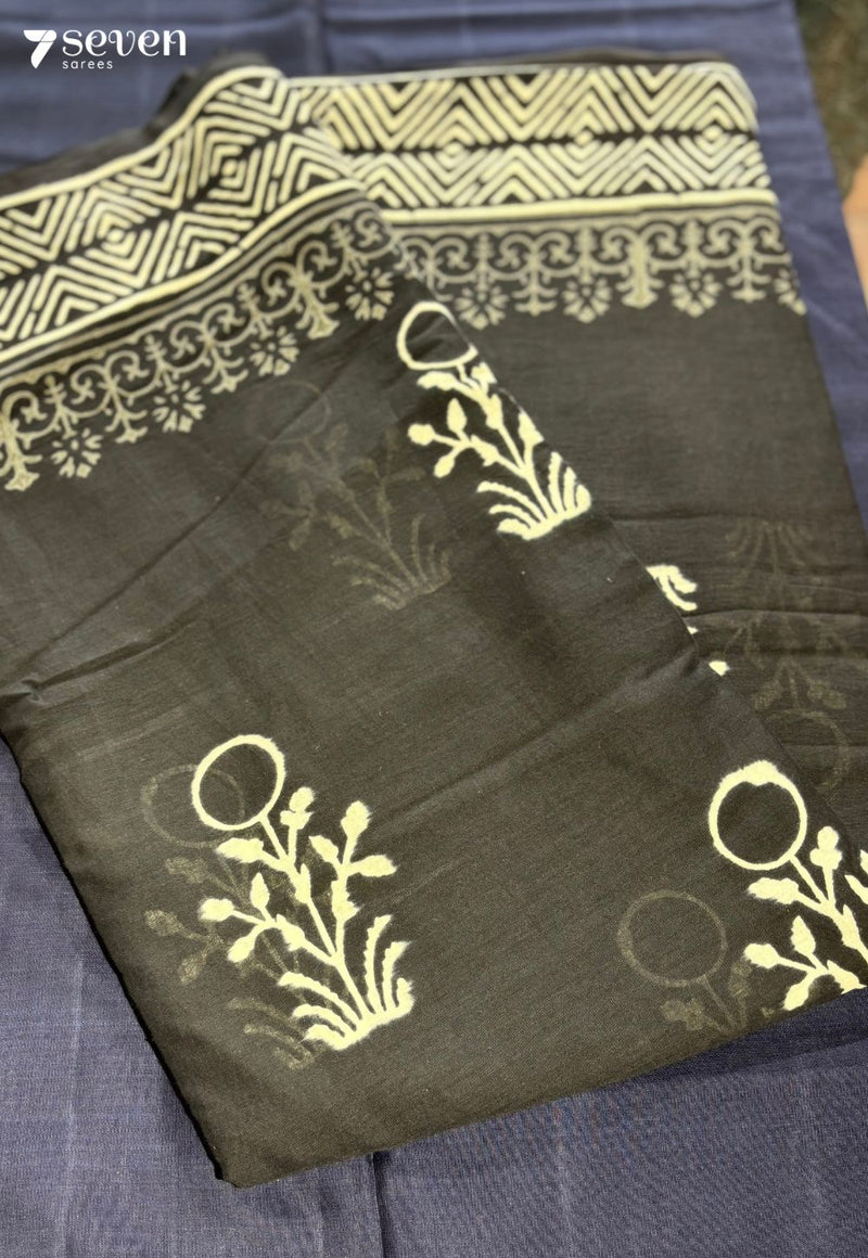 Rowboat & Bloom Jaipur Black Handblock 100% Cotton Saree - Seven Sarees - Saree - Seven Sarees