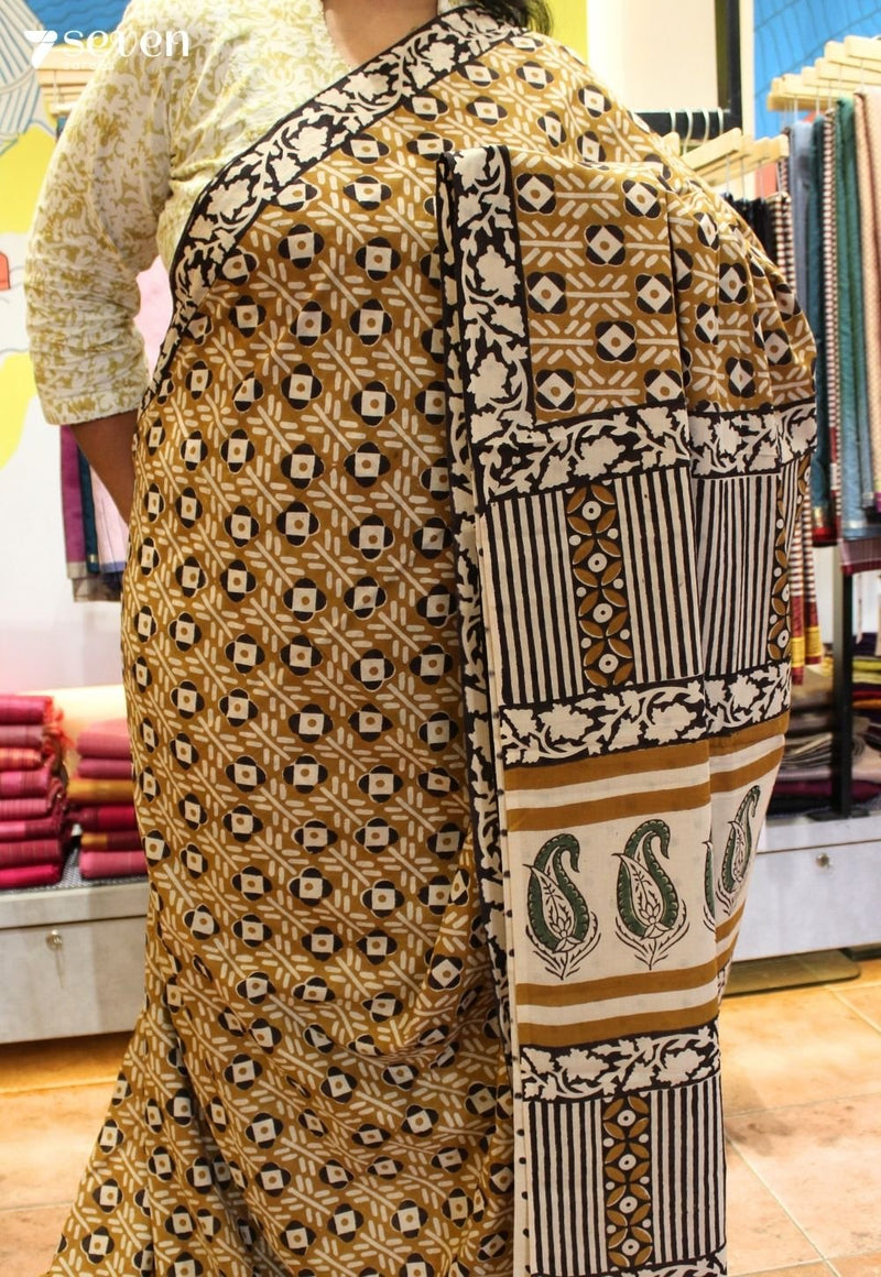 Saaj Jaipur Brown Hand Block Printed 100% Cotton Saree - Seven Sarees - Saree - Seven Sarees