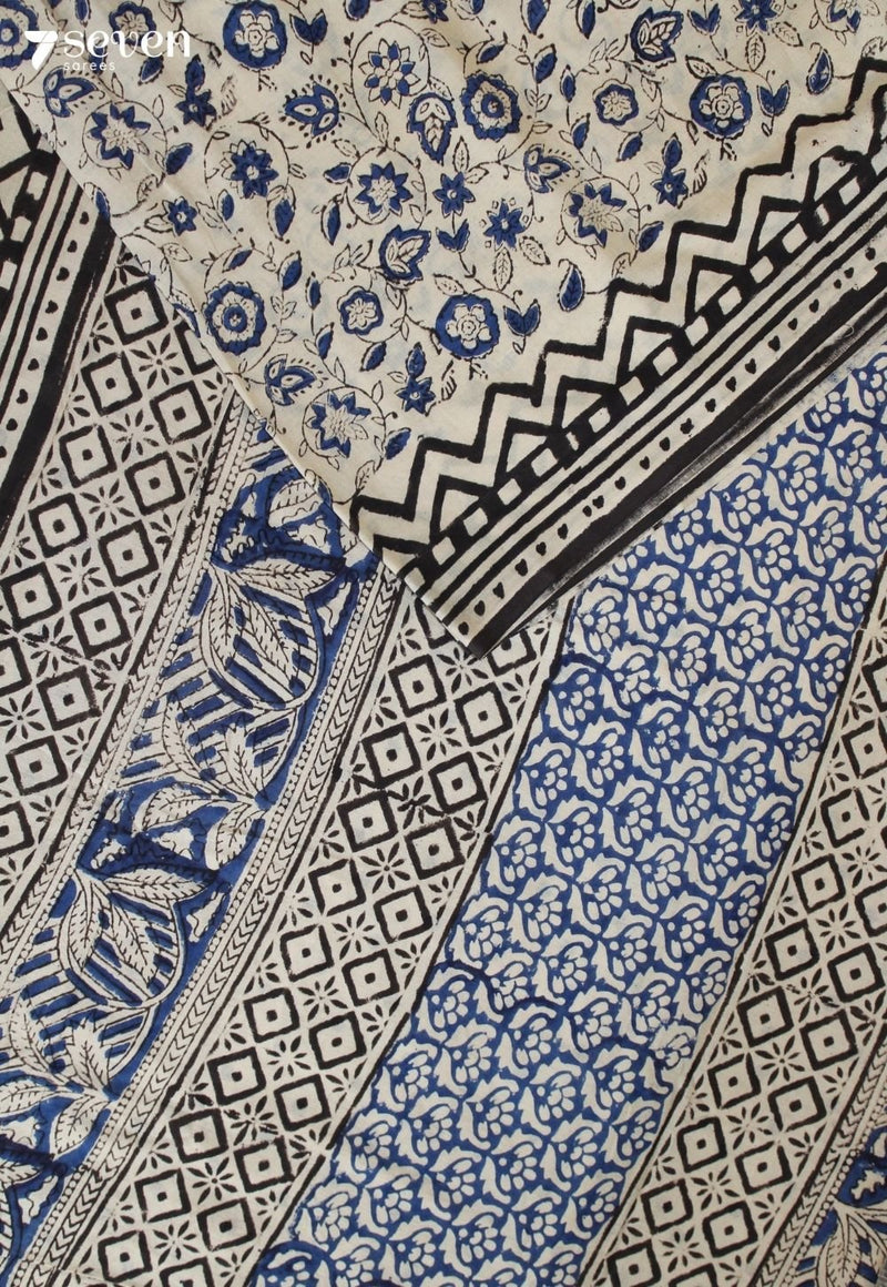Saanmeha Jaipur Off White Hand Block Printed 100% Cotton Saree - Seven Sarees - Saree - Seven Sarees