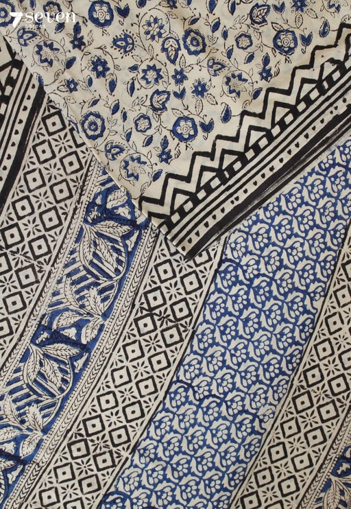 Saanmeha Jaipur Off White Hand Block Printed 100% Cotton Saree - Seven Sarees - Saree - Seven Sarees