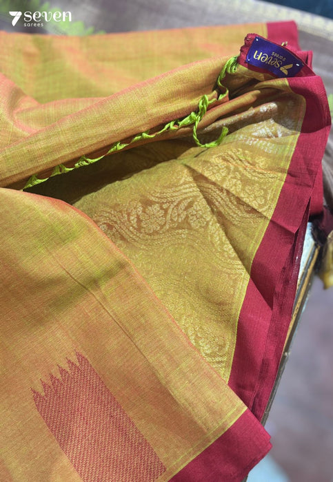 Saanvi Signature Seven Handloom Red - Green Bangalore Pure Cotton Saree - Seven Sarees - Saree - Seven Sarees