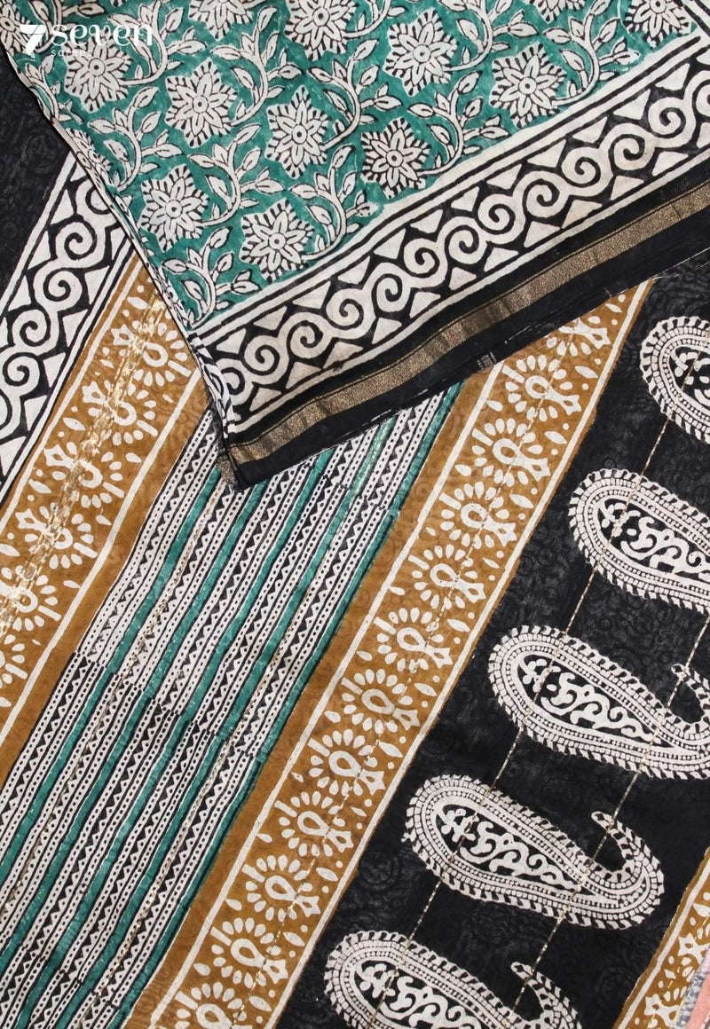 Saarmika Jaipur Green Hand Block Printed Silk Cotton Saree - Seven Sarees - Saree - Seven Sarees
