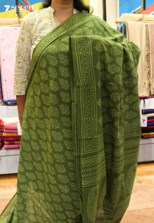 Saheli Jaipur Green Hand Block Printed 100% Cotton Saree - Seven Sarees - Saree - Seven Sarees