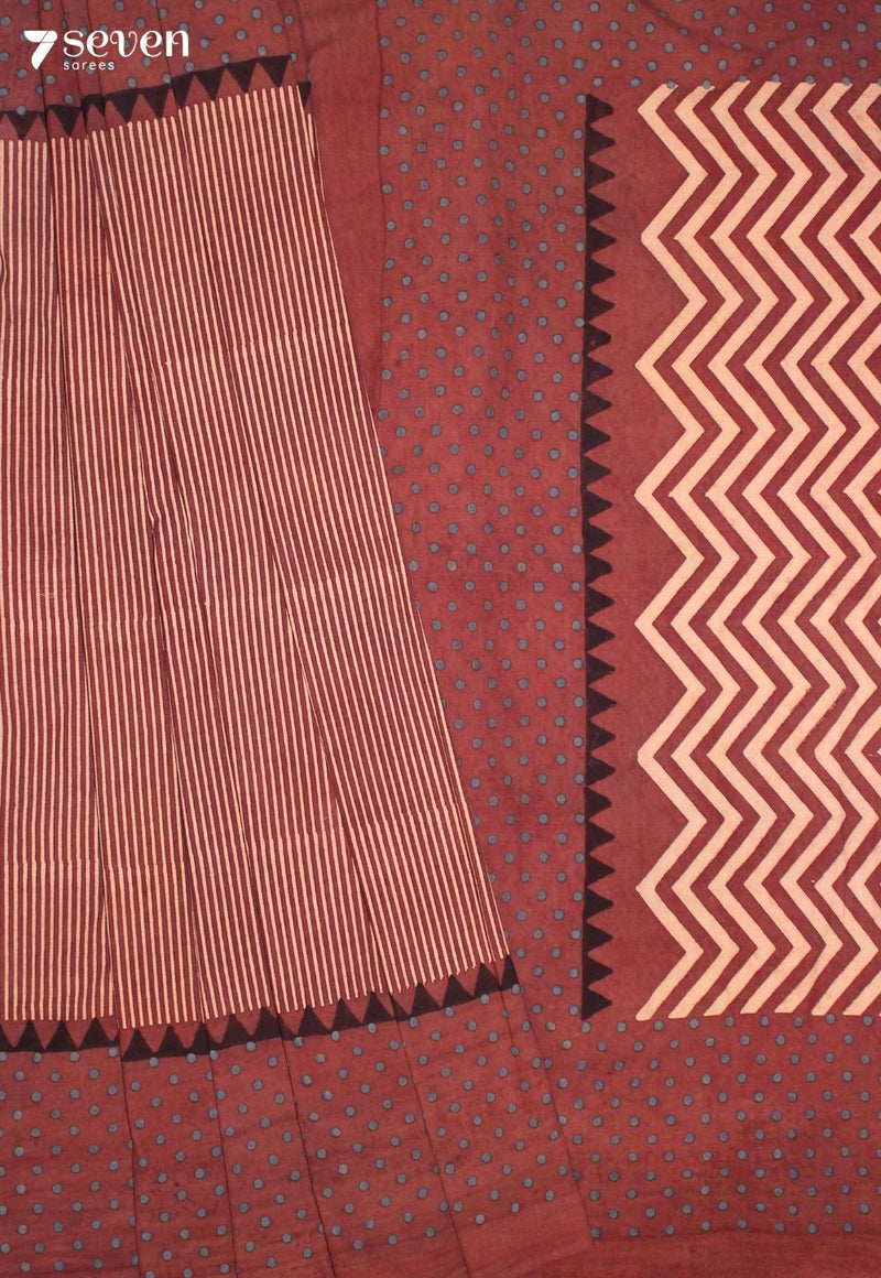 Sairika Kutch Red Pure Handmade Ajrakh 100% Cotton Saree - Seven Sarees - Saree - Seven Sarees
