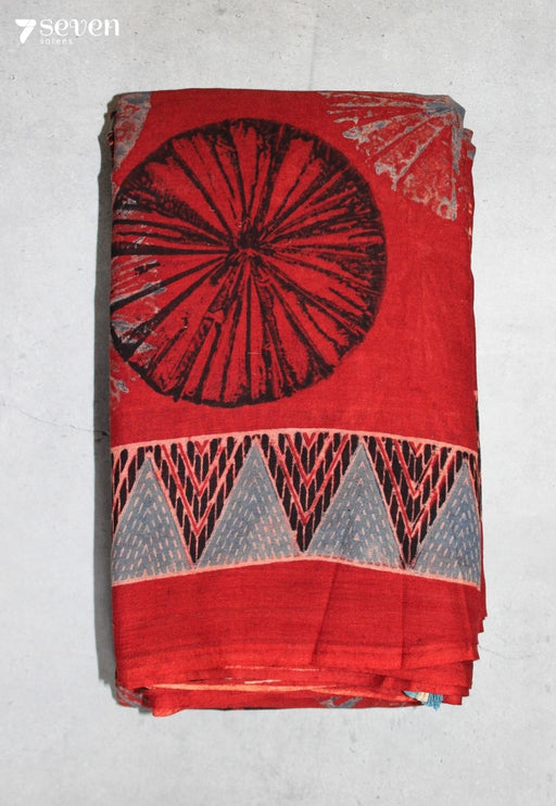 Samori Kutch Red Pure Handmade Ajrakh 100% Cotton Saree - Seven Sarees - Saree - Seven Sarees